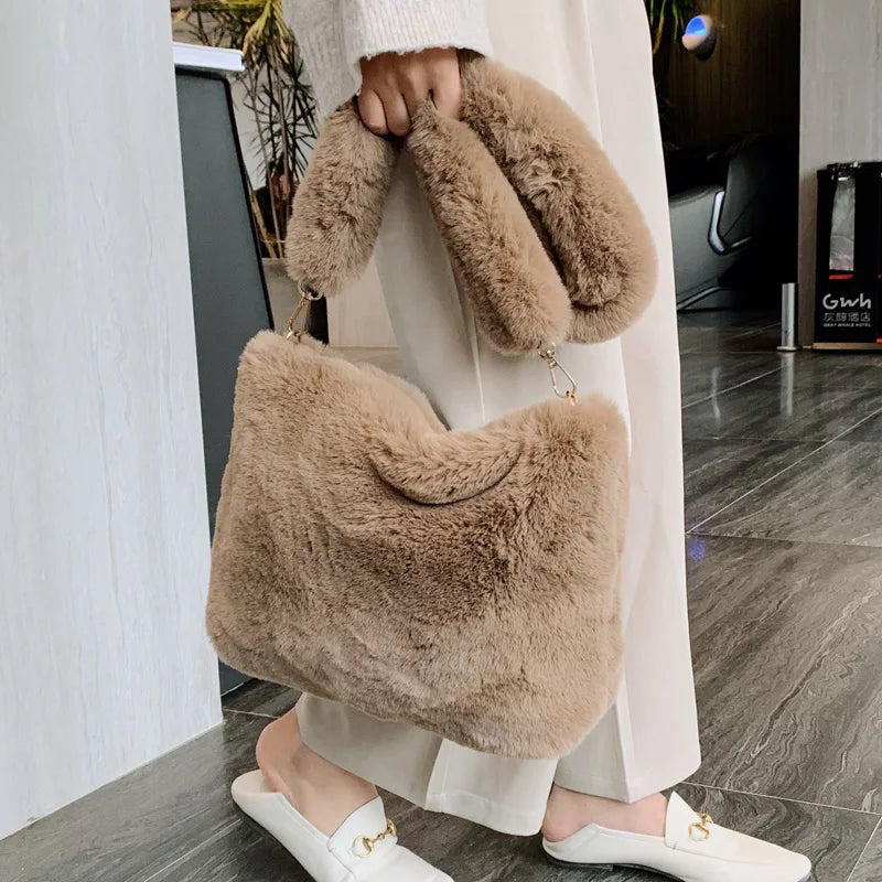 Faux Fur Shoulder Bag, Plush Hobo Handbag with Soft Textured Finish, Cozy Winter Purse for Casual Outings, Travel & Everyday Use
