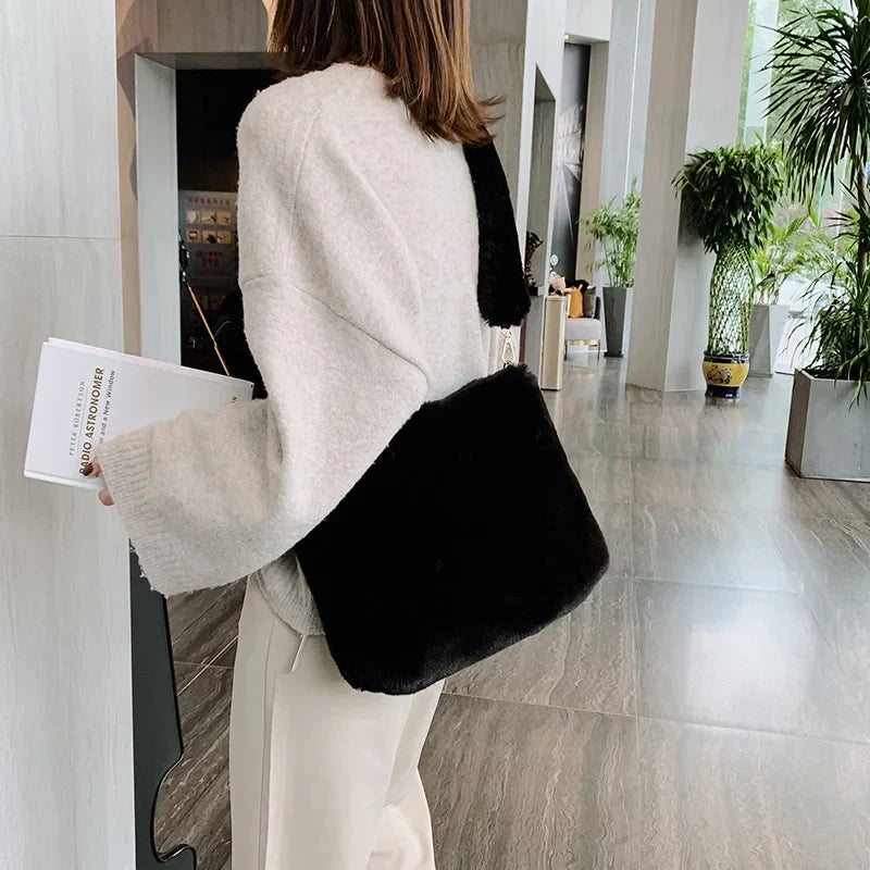 Faux Fur Shoulder Bag, Plush Hobo Handbag with Soft Textured Finish, Cozy Winter Purse for Casual Outings, Travel & Everyday Use