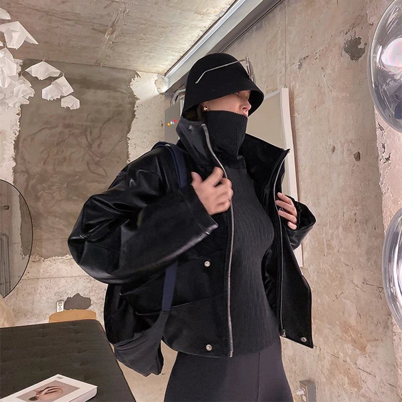 Oversized Faux Leather Jacket, Cropped Zip-Up Moto Jacket with Wide Lapels and Snap Buttons, Edgy Streetwear Outerwear