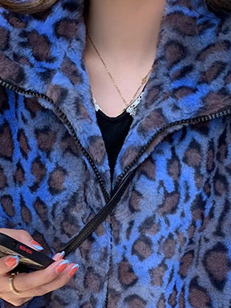 Faux Fur Printed Jacket, Oversized Plush Zip-Up Jacket with High Neck, Cozy Winter Casual Outerwear