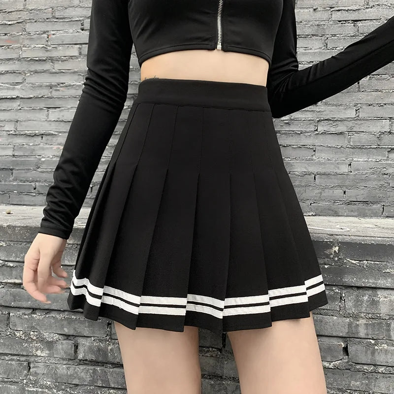 High Waisted Pleated Mini Skirt Tennis Skirt A Line Flared Skater Skirt Contrast Stripe Preppy Y2K School Style