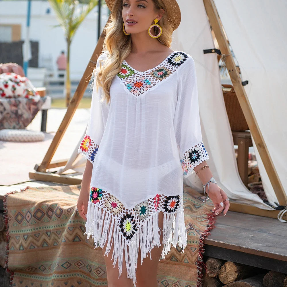 Boho Tunic Dress – Embroidered V-Neck Mini Dress with Long Sleeves, Tassel Fringe Hem and Colorful Floral Details for Beach Vacations