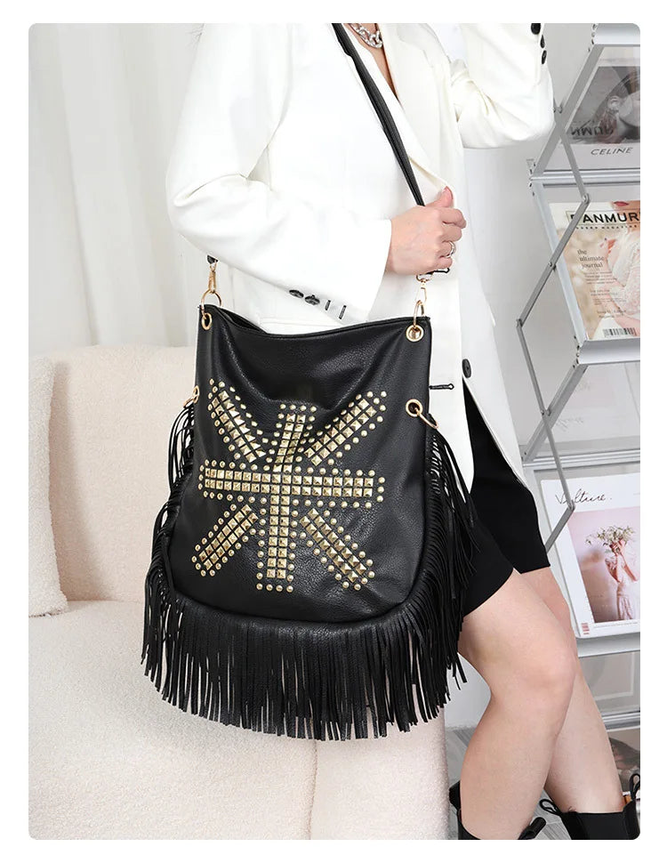 Fringe Hobo Shoulder Bag, Studded Crossbody Handbag with Western-Inspired Design, Tassel Purse with Adjustable Strap for Festivals & Everyday Use