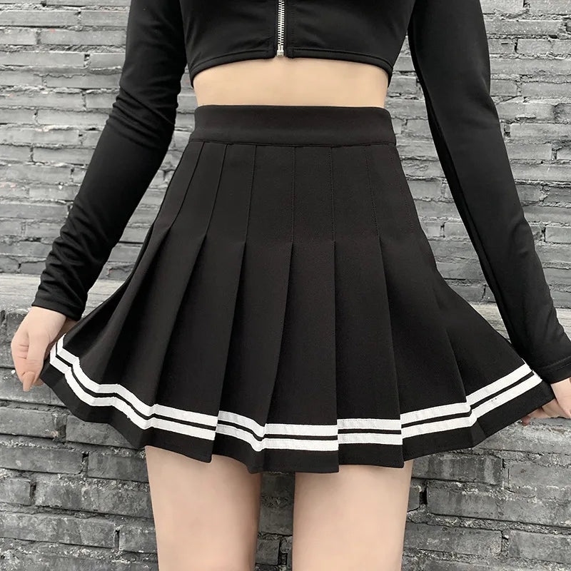 High Waisted Pleated Mini Skirt Tennis Skirt A Line Flared Skater Skirt Contrast Stripe Preppy Y2K School Style