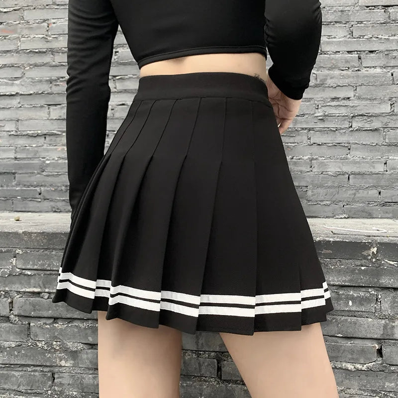High Waisted Pleated Mini Skirt Tennis Skirt A Line Flared Skater Skirt Contrast Stripe Preppy Y2K School Style