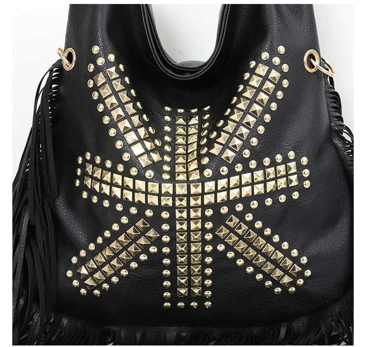 Fringe Hobo Shoulder Bag, Studded Crossbody Handbag with Western-Inspired Design, Tassel Purse with Adjustable Strap for Festivals & Everyday Use