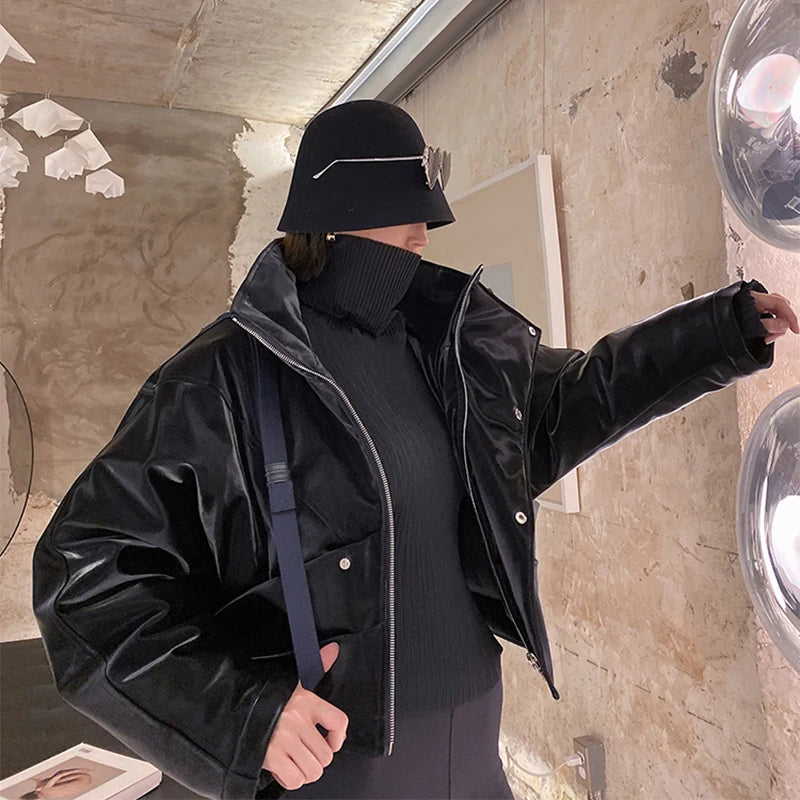 Oversized Faux Leather Jacket, Cropped Zip-Up Moto Jacket with Wide Lapels and Snap Buttons, Edgy Streetwear Outerwear
