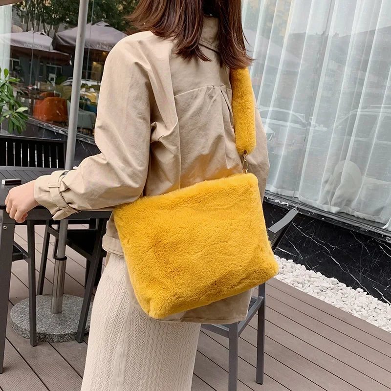 Faux Fur Shoulder Bag, Plush Hobo Handbag with Soft Textured Finish, Cozy Winter Purse for Casual Outings, Travel & Everyday Use