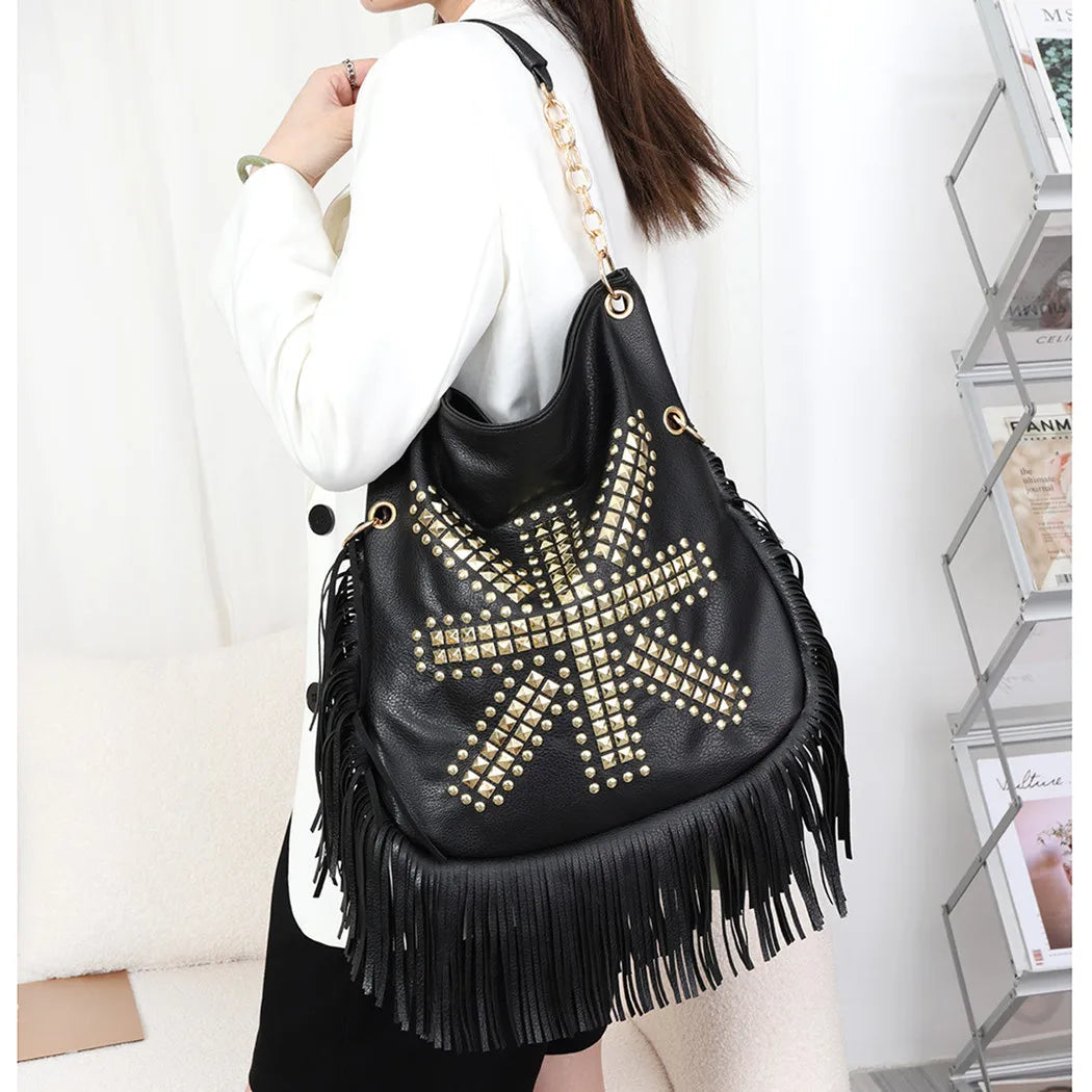 Fringe Hobo Shoulder Bag, Studded Crossbody Handbag with Western-Inspired Design, Tassel Purse with Adjustable Strap for Festivals & Everyday Use