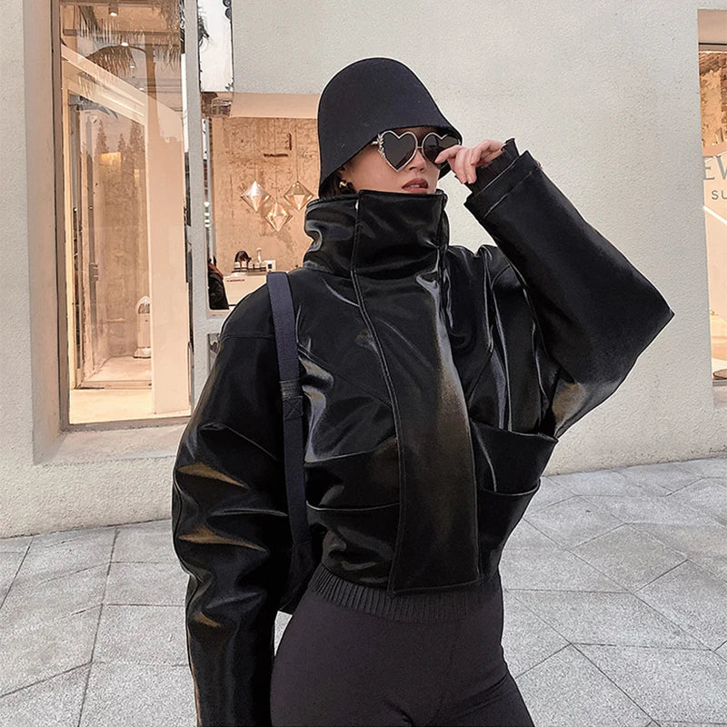 Oversized Faux Leather Jacket, Cropped Zip-Up Moto Jacket with Wide Lapels and Snap Buttons, Edgy Streetwear Outerwear
