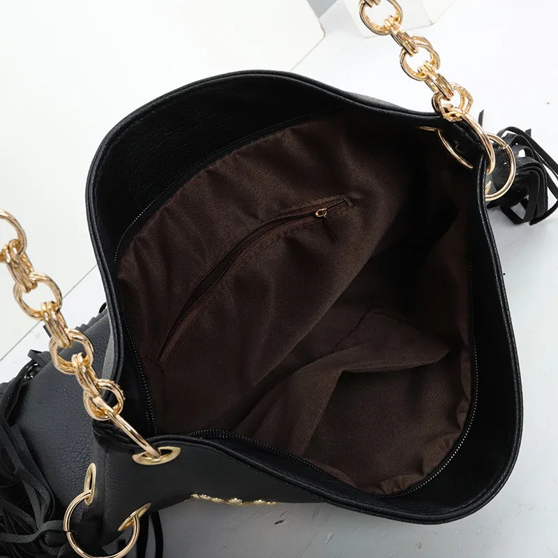 Fringe Hobo Shoulder Bag, Studded Crossbody Handbag with Western-Inspired Design, Tassel Purse with Adjustable Strap for Festivals & Everyday Use