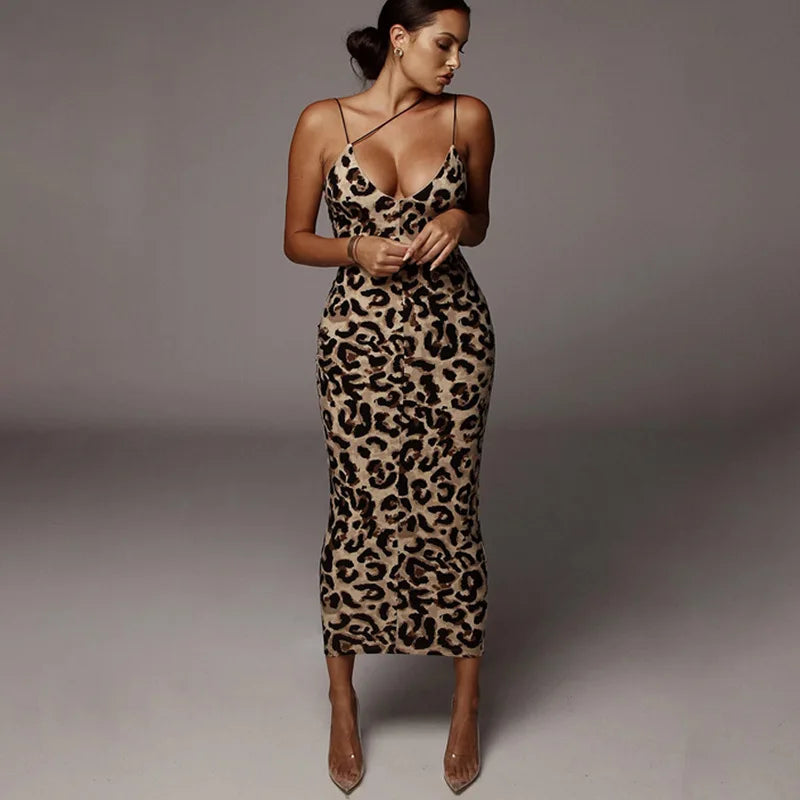 Leopard Print Midi Dress – Spaghetti Strap Bodycon Dress with Lace-Up Bust, Fitted Silhouette and Elegant Midi Length for Parties & Date Nights