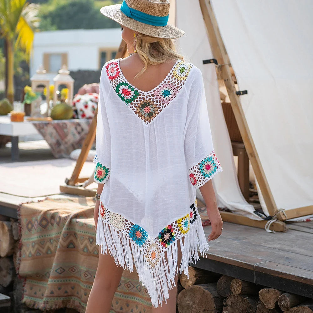 Boho Tunic Dress – Embroidered V-Neck Mini Dress with Long Sleeves, Tassel Fringe Hem and Colorful Floral Details for Beach Vacations