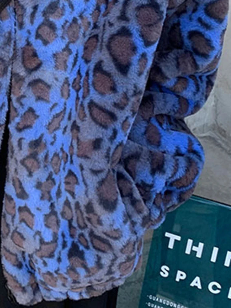 Faux Fur Printed Jacket, Oversized Plush Zip-Up Jacket with High Neck, Cozy Winter Casual Outerwear