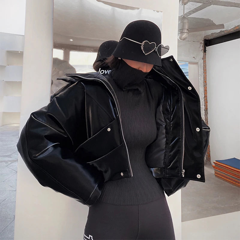 Oversized Faux Leather Jacket, Cropped Zip-Up Moto Jacket with Wide Lapels and Snap Buttons, Edgy Streetwear Outerwear