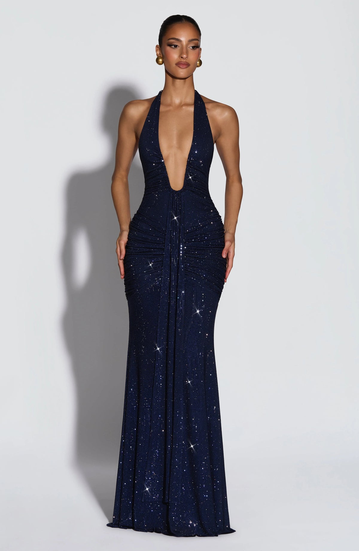 Halter Neck Sequin Maxi Dress – Deep Plunge Evening Gown with All-Over Sparkle, Ruched Bodycon Silhouette and Floor-Length Draped Skirt