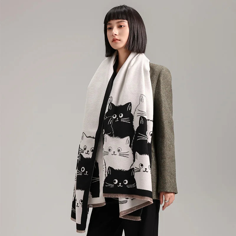 Cute Cat Print Scarf, Playful Feline Pattern Shawl Wrap, Artistic Neck Scarf with Decorative Border