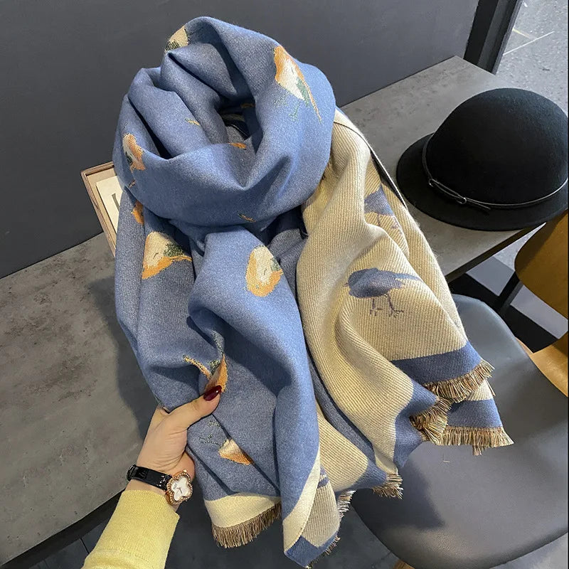 Bird Print Scarf Wrap, Color Block Shawl with Decorative Fringed Edges, Nature Inspired Neck Scarf for Women