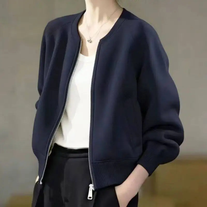 Minimalist Bomber Jacket, Zip-Up Jacket with Ribbed Trim and Relaxed Fit, Chic Casual Layering Outerwear for Fall