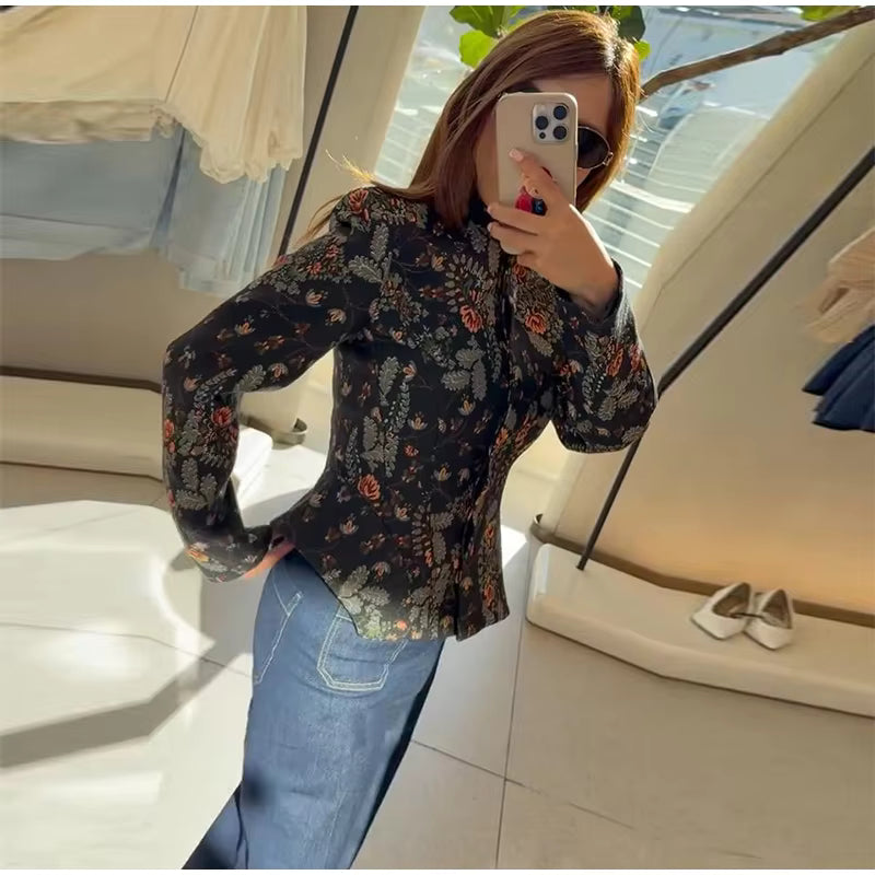 Floral Print Zip-Up Jacket, Stand Collar Lightweight Jacket with Long Sleeves and Vintage Botanical Pattern, Chic Casual Outerwear