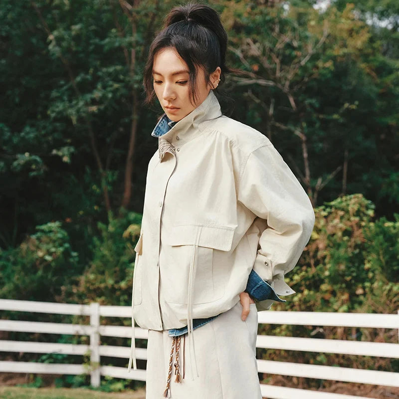 Oversized Utility Jacket with Contrast Collar, Relaxed Fit Zip-Up Jacket with Flap Pockets, Casual Lightweight Outerwear