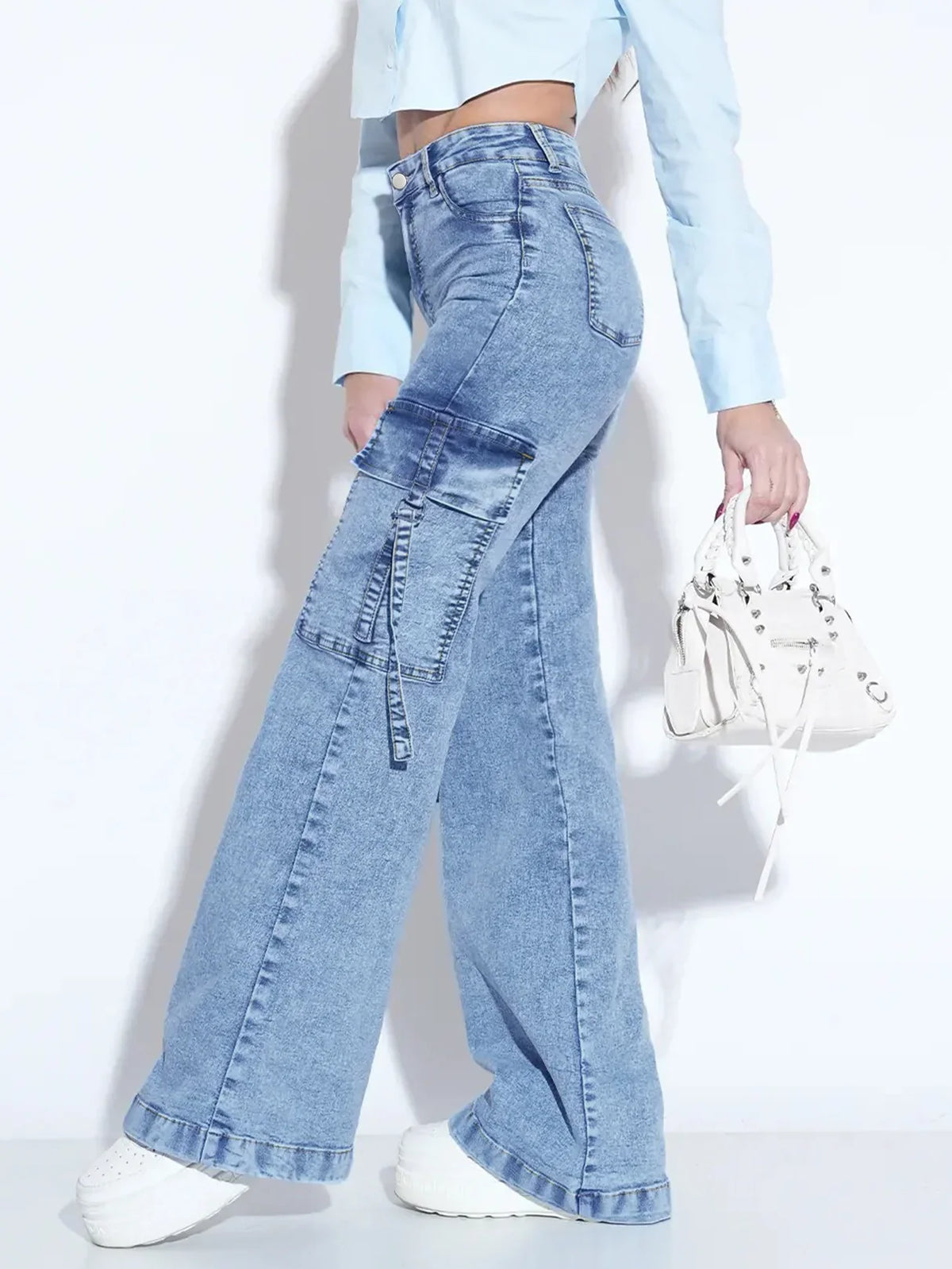 High Waisted Flare Jeans Cargo Wide Leg Denim Pants Bell Bottom Trousers Relaxed Fit Streetwear Casual Full Length