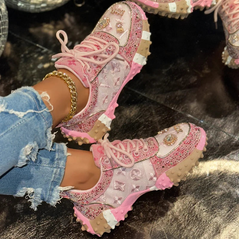 Embroidered orthopaedic Lace-Up Sneakers | Studded Casual Platform Shoes | Vintage Distressed Walking Sneakers