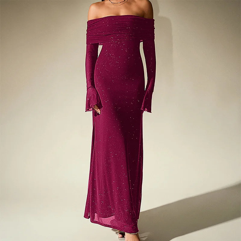 Glitter Off Shoulder Maxi Dress – Long Sleeve Mermaid Gown with Draped Neckline, Flared Cuffs and Sparkling Evening Finish
