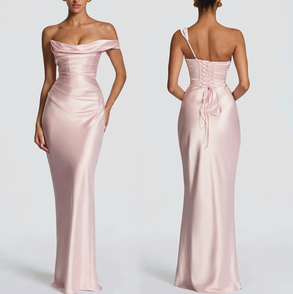 Satin Corset Maxi Dress – Draped Off Shoulder Dress with Spaghetti Straps, Lace-Up Back, Fitted Waist and Floor-Length Skirt