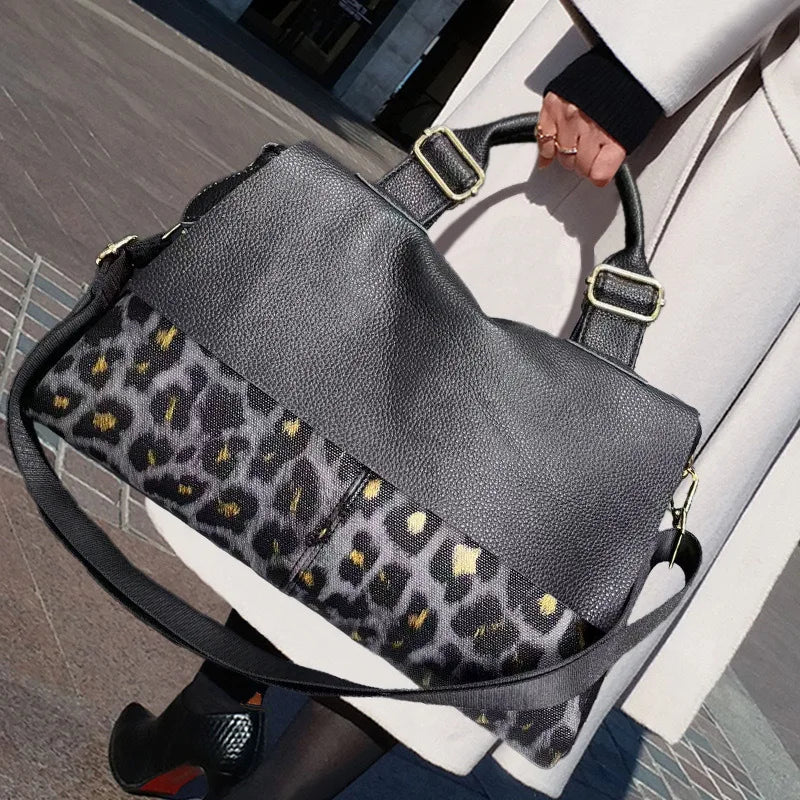 Structured Satchel Handbag, Leopard Print Accent Tote Purse, Elegant Top Handle Shoulder Bag with Adjustable Strap for Work & Everyday Use