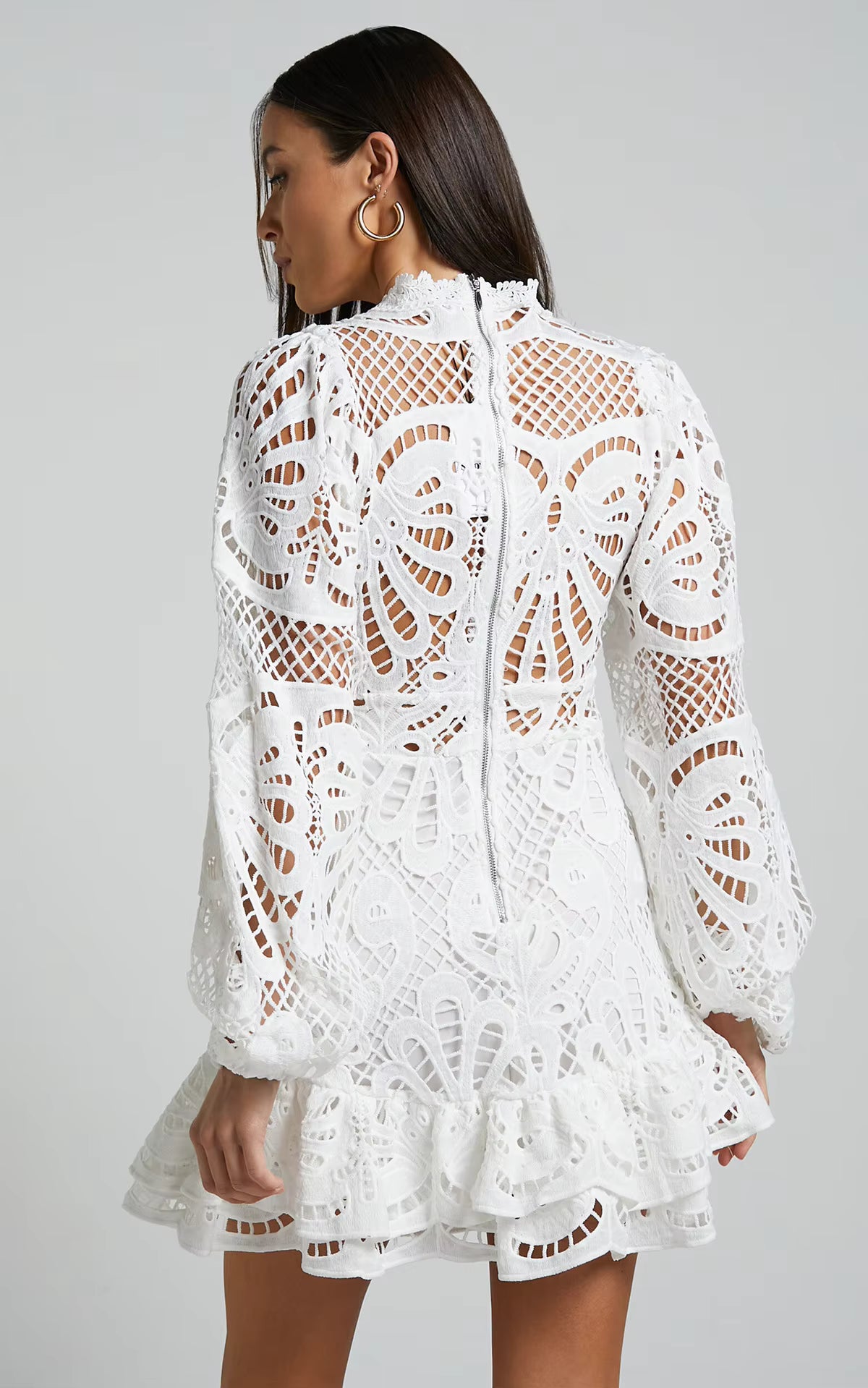 Lace Mini Dress – Long Sleeve Crochet Dress with High Neckline, Intricate Cutout Embroidery, Fitted Waist and Ruffle Hem