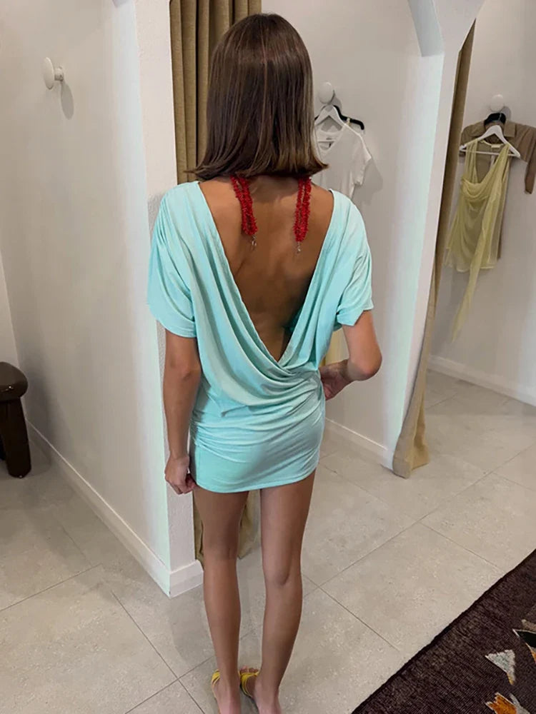 Draped Mini Dress – Deep V-Neck Short Sleeve Dress with Cowl Front, Ruched Waist, Draped Bodice and Figure-Hugging Fit for Summer