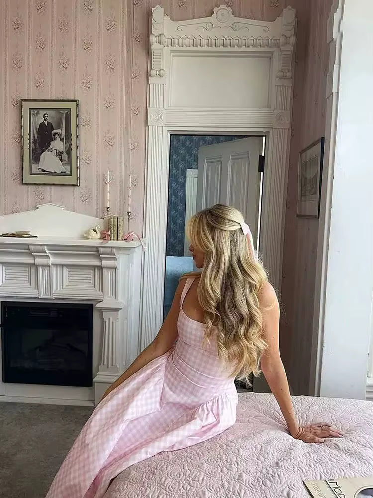 Gingham Midi Dress – Sleeveless Square Neck A-Line Dress with Wide Straps, Fitted Bodice and Full Pleated Skirt