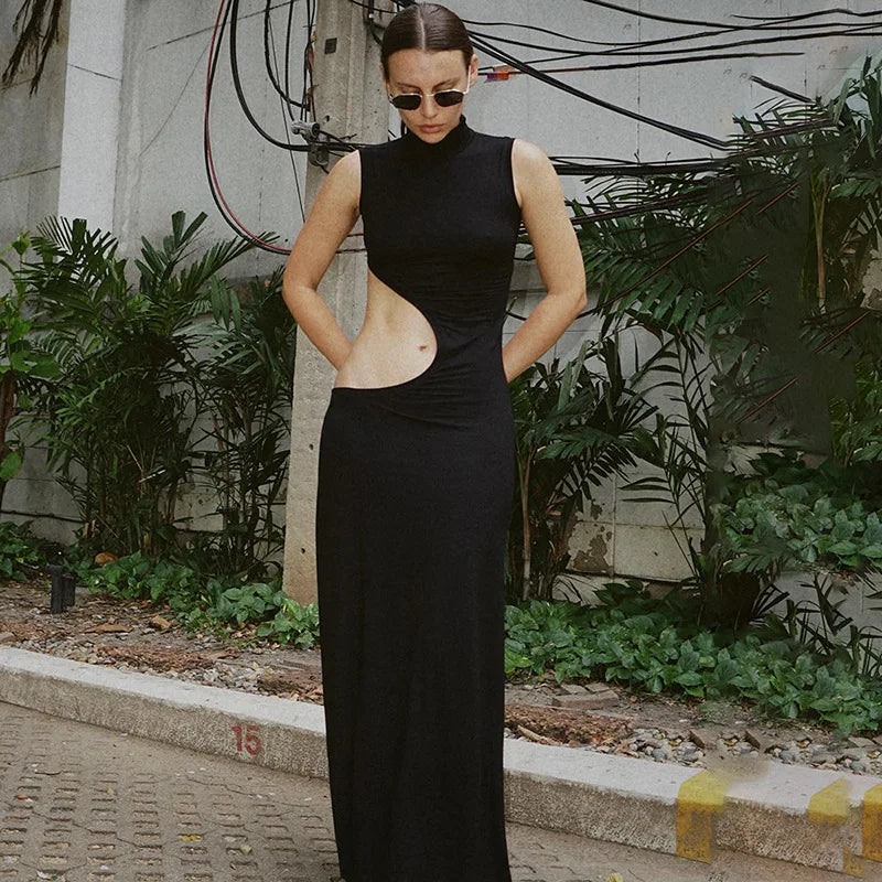 Cutout Bodycon Maxi Dress – Sleeveless High Neck Dress with Side Cutout Detail, Figure-Hugging Silhouette and Floor-Length Design for Parties