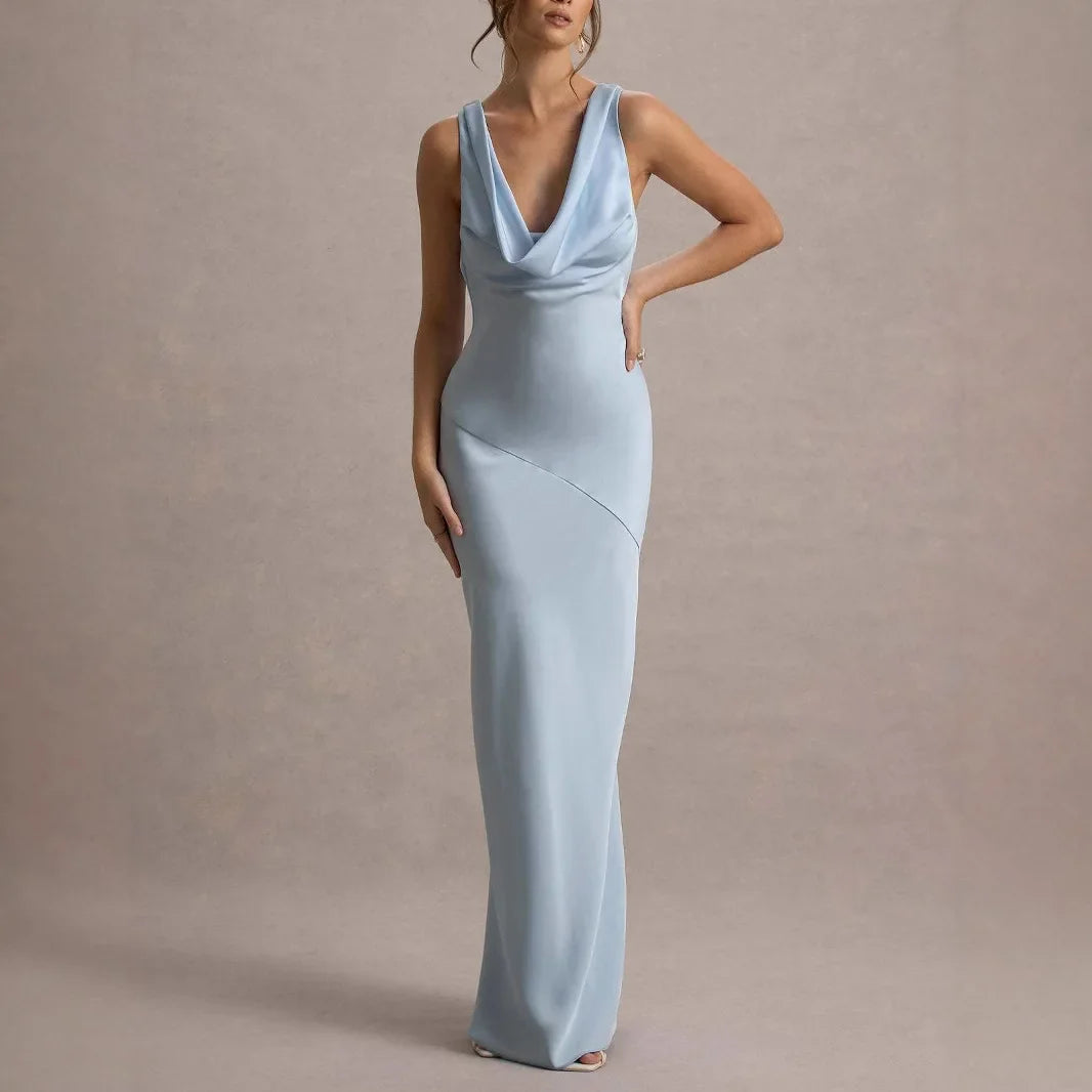 Cowl Neck Maxi Dress – Sleeveless Bodycon Gown with Draped Neckline, Ruched Waist and Floor-Length Silhouette for Weddings & Evening Events