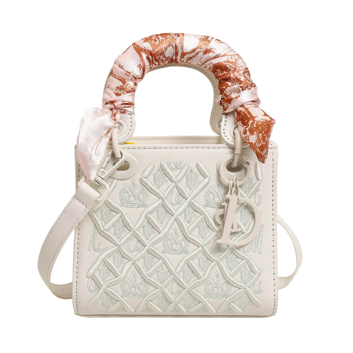 Mini Top Handle Handbag, Embroidered Leather Crossbody Bag, Light Blue Shoulder Purse with Scarf-Wrapped Handle & Long Strap