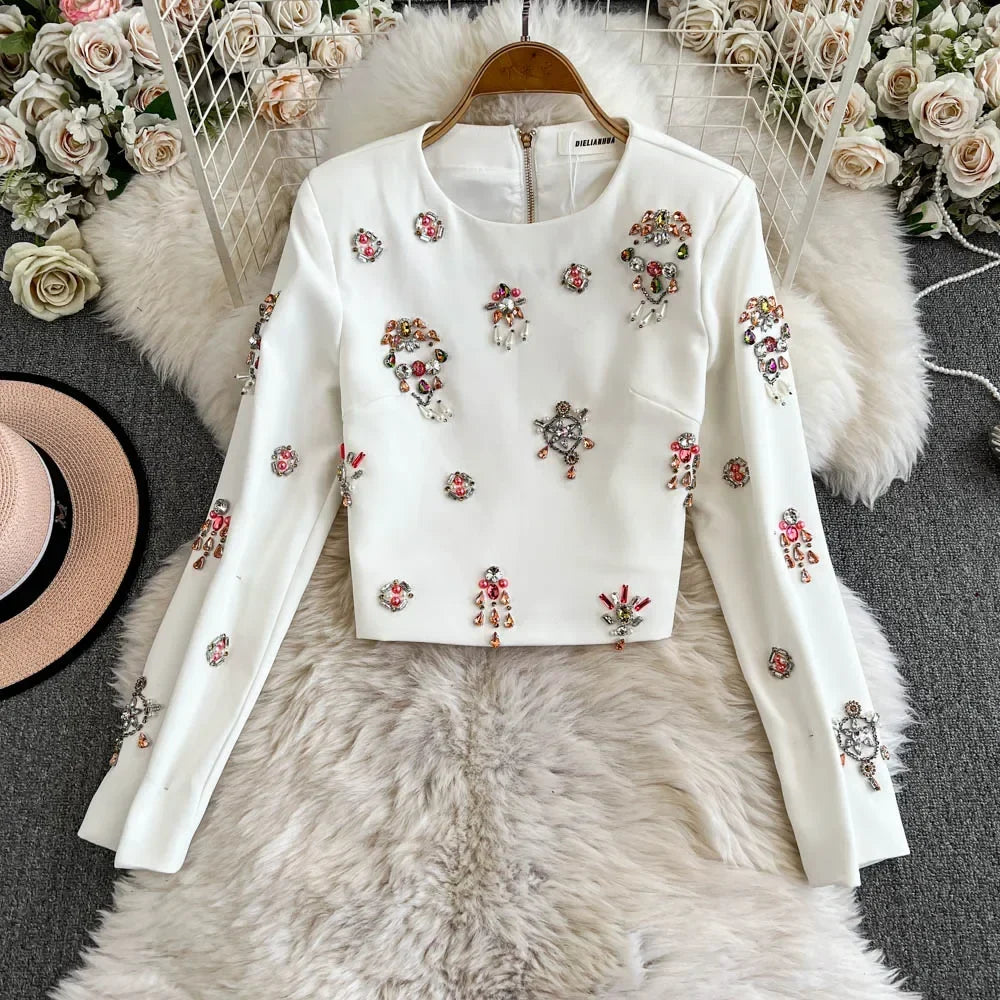 Floral Embroidered Top & Midi Skirt Co-Ord Set | Long Sleeve Two Piece Outfit | Elegant Casual Matching Set for Brunch & Events
