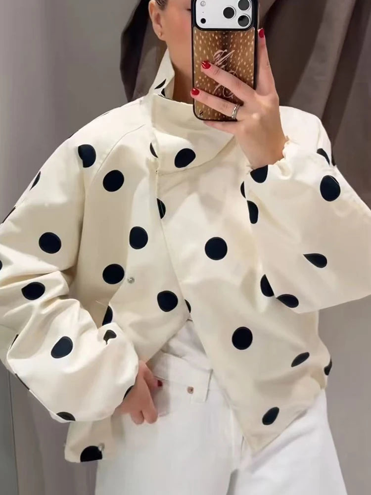 Polka Dot Windbreaker Jacket, High Neck Zip-Up Jacket with Elastic Cuffs and Drawstring Hem, Lightweight Casual Outerwear