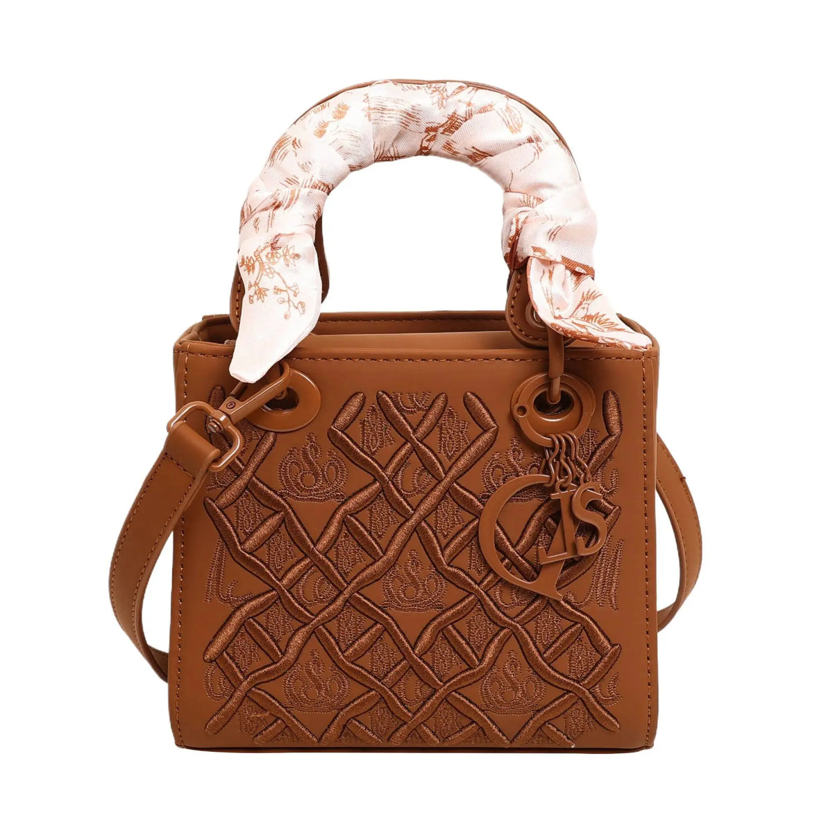 Mini Top Handle Handbag, Embroidered Leather Crossbody Bag, Light Blue Shoulder Purse with Scarf-Wrapped Handle & Long Strap