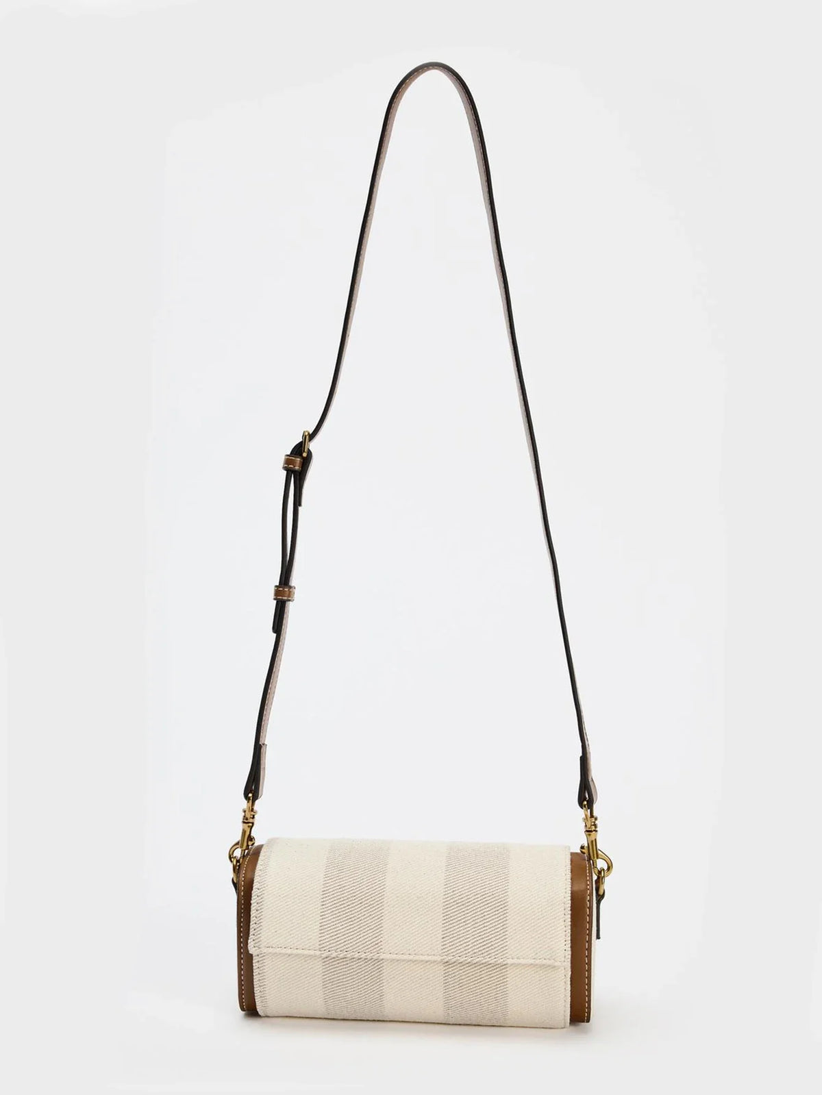 Canvas Crossbody Bag, Beige Shoulder Purse with Brown Leather Trim, Adjustable Strap, Minimalist Flap Handbag for Travel & Everyday Use