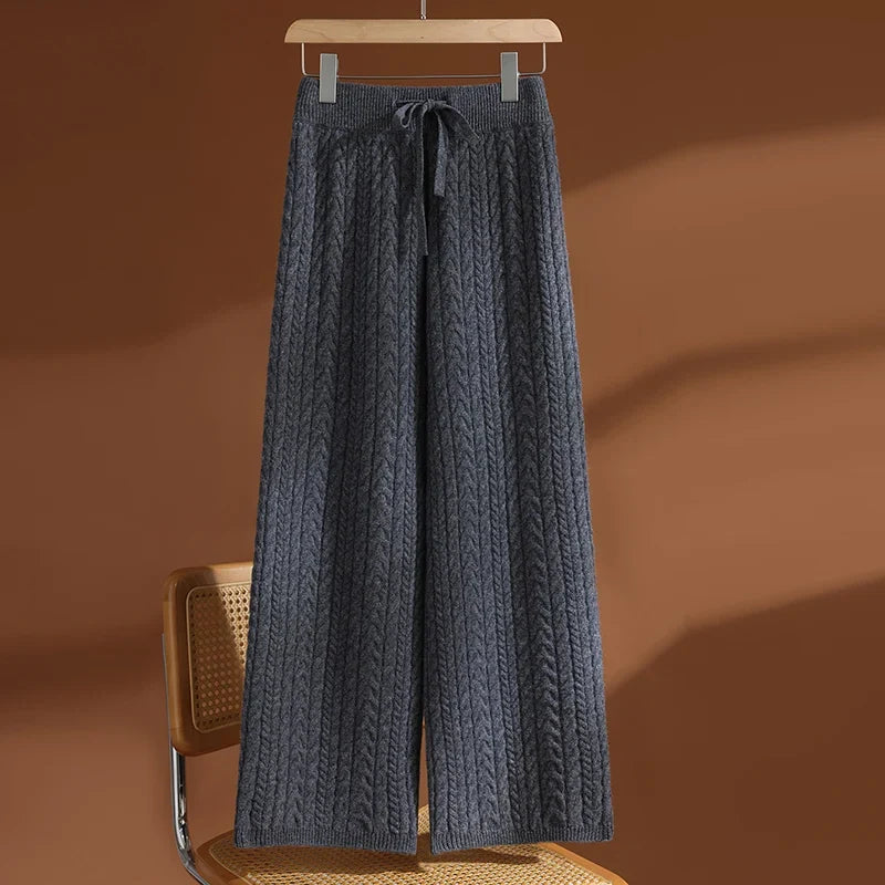 High Waisted Wide Leg Knit Pants Textured Drawstring Trousers Relaxed Fit Flowing Lounge Pants Casual Bottoms