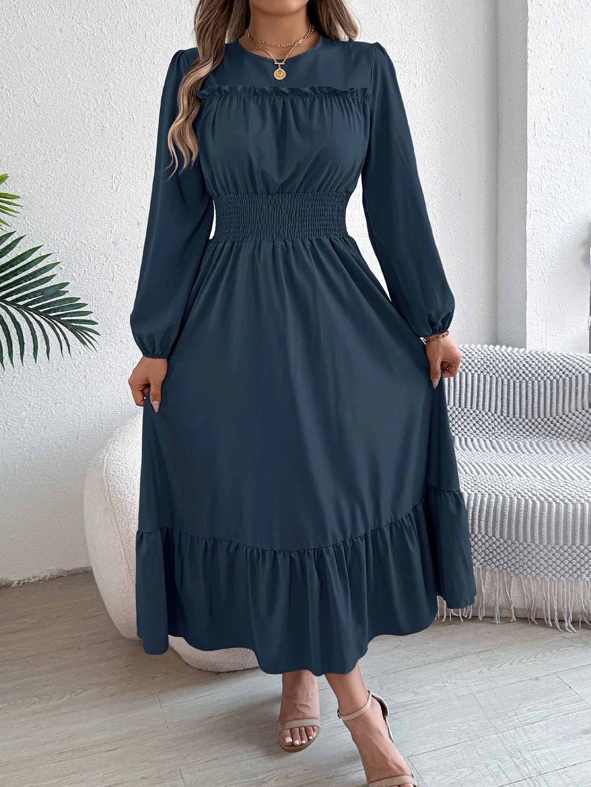 Long Sleeve Midi Dress – Square Neck Dress with Smocked Waist, Puff Sleeves, Gathered Bodice and Tiered Ruffle Hem for Casual Wear