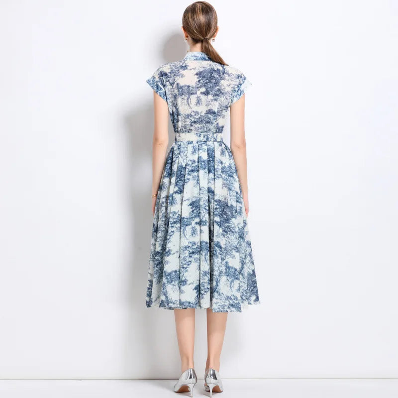 Floral Shirt Midi Dress – Short Sleeve Collared A-Line Dress with Button Front, Defined Waist and Flared Skirt for Brunch, Weddings & Events
