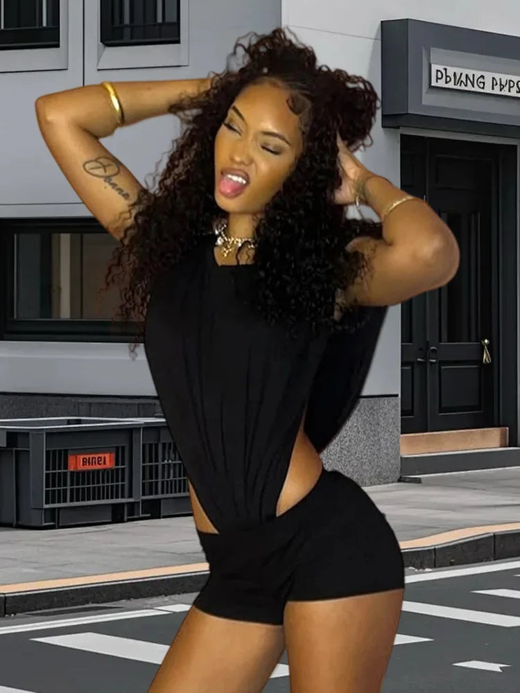 Sleeveless Cutout Bodysuit & Mini Skirt Co-Ord Look | Asymmetric Waist Two Piece Party Outfit | Chic Night Out Clubwear