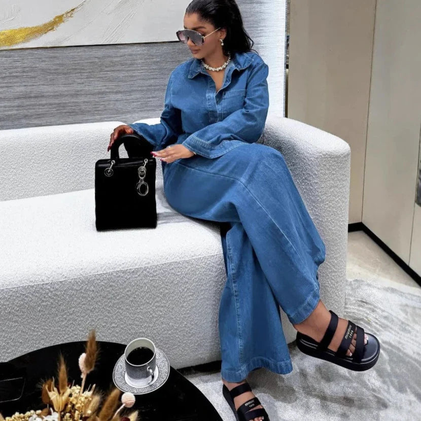 Denim Shirt & Wide Leg Pants Co-Ord Set | Long Sleeve Button Front Two Piece Outfit | Chic Casual Travel & Everyday Matching Set