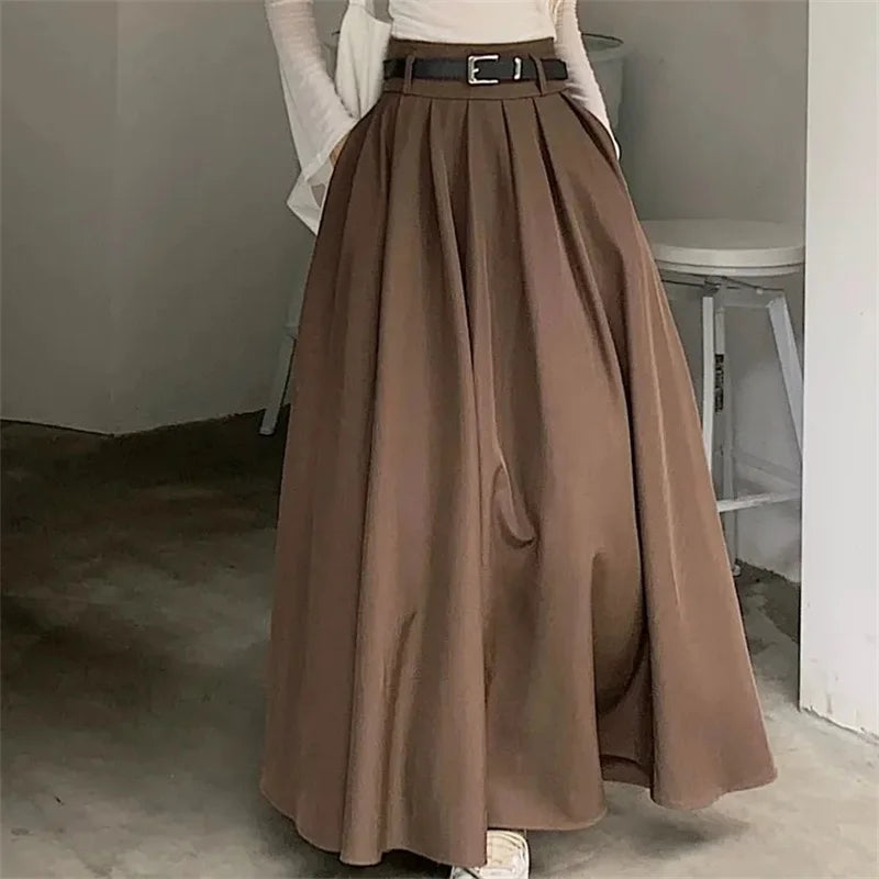 High Waisted Maxi Skirt Pleated A Line Long Flared Skirt Belted Flowing Full Length Casual Office Workwear