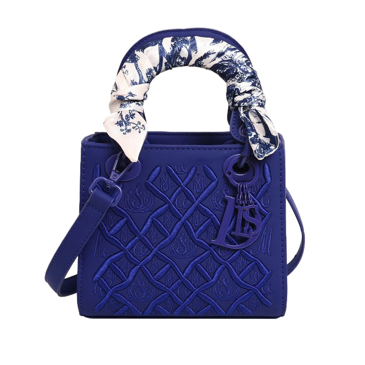 Mini Top Handle Handbag, Embroidered Leather Crossbody Bag, Light Blue Shoulder Purse with Scarf-Wrapped Handle & Long Strap