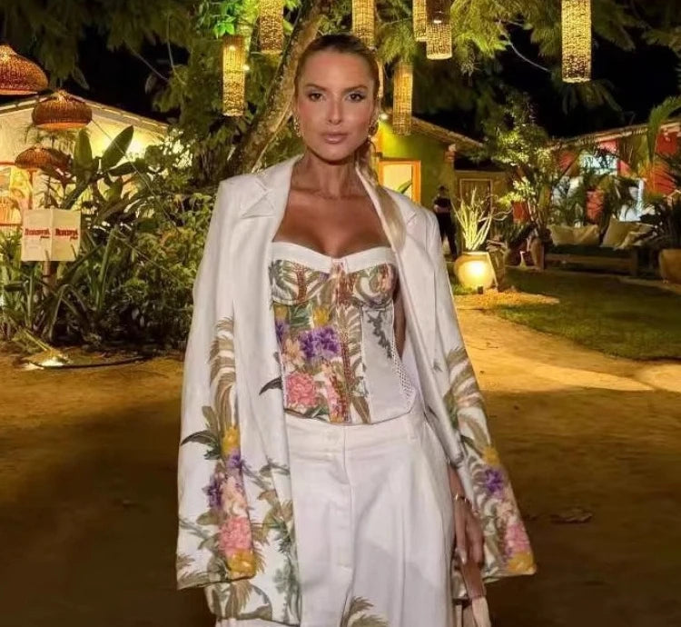 Floral Corset Top &amp; Wide Leg Pants Co-Ord Set with Longline Blazer | Three Piece Printed Outfit | Chic Vacation &amp; Resort Wear