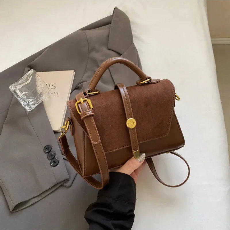 Women's Structured Handbag, Elegant Suede Leather Shoulder Bag, Top Handle Satchel Purse with Adjustable Crossbody Strap
