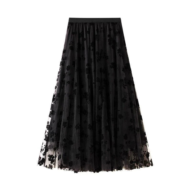 High Waisted Tulle Maxi Skirt Floral Mesh A Line Long Skirt Layered Sheer Party Evening Occasion Feminine Bottomwear